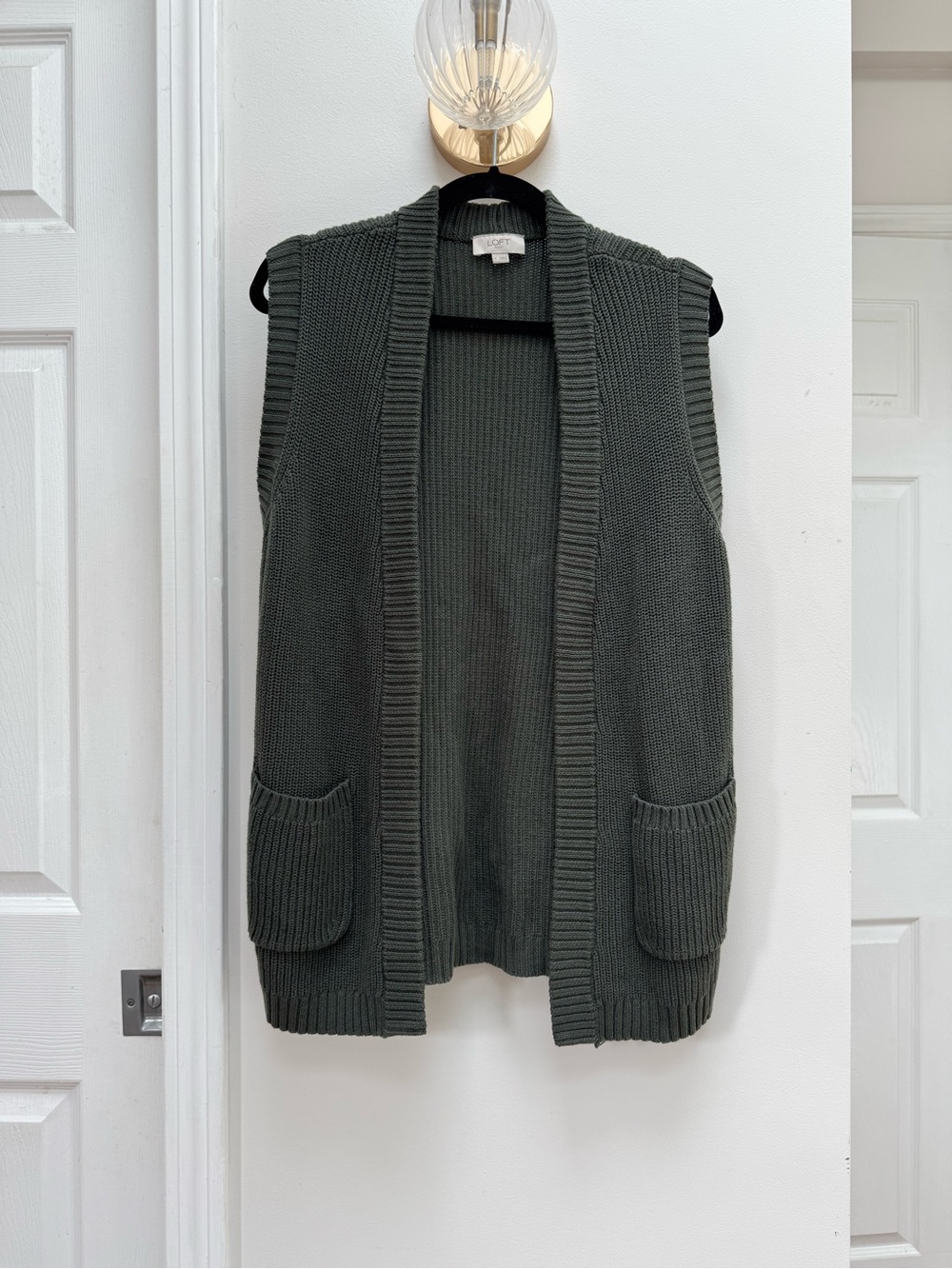 LOFT Sleeveless Open-Front Cardigan Vest in Dark Olive